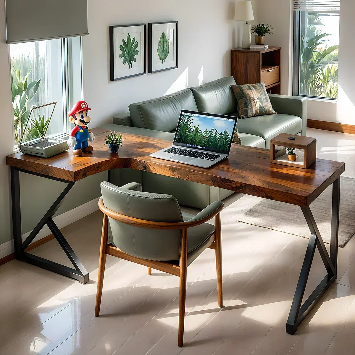 L-Shaped Solid Wood Desk with Steel Z-Frame - Woodenecho