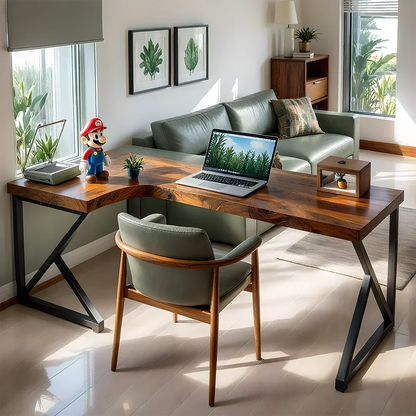 L-Shaped Solid Wood Desk with Steel Z-Frame - Woodenecho