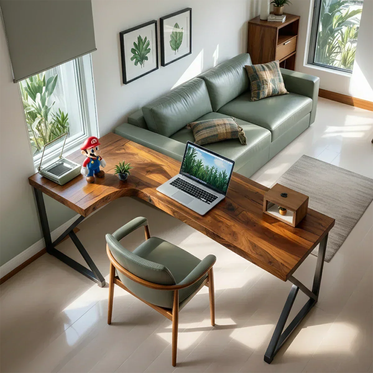 L-Shaped Solid Wood Desk with Steel Z-Frame - Woodenecho
