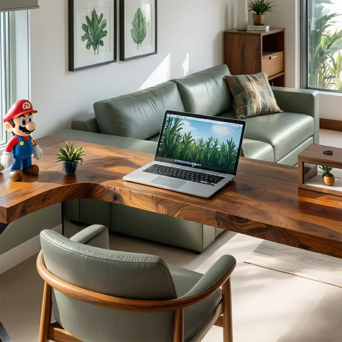 L-Shaped Solid Wood Desk with Steel Z-Frame - Woodenecho