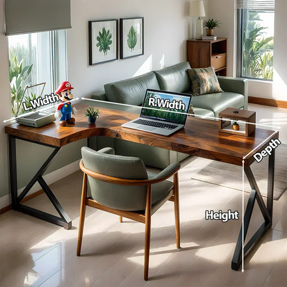 L-Shaped Solid Wood Desk with Steel Z-Frame - Woodenecho