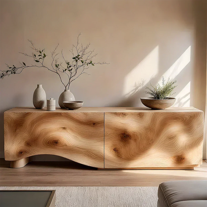 Light Burl Wave Solid Wood TV Console – Minimal Organic Design - Elitegemse