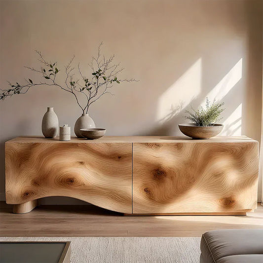 Light Burl Wave Solid Wood TV Console – Minimal Organic Design - Elitegemse