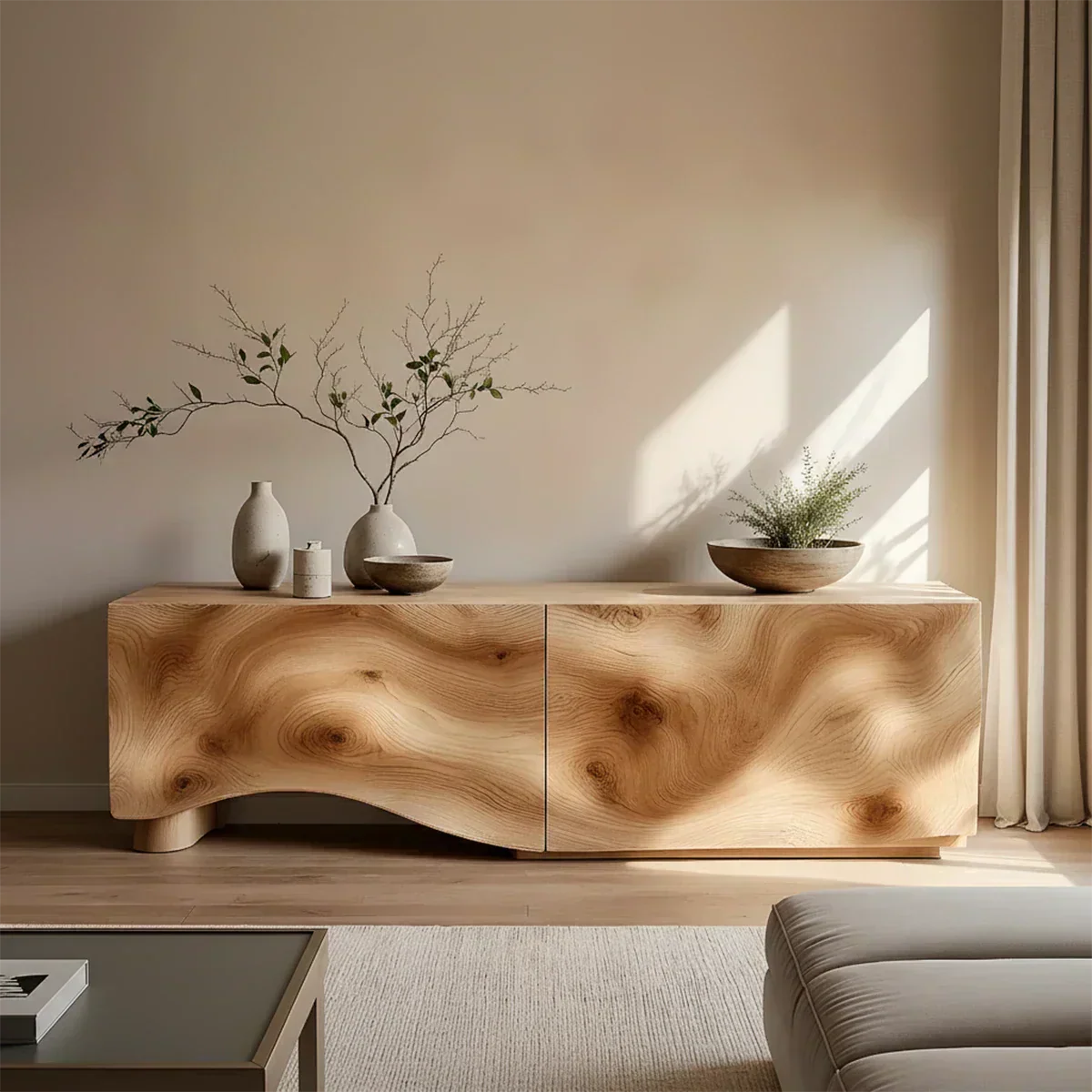 Light Burl Wave Solid Wood TV Console – Minimal Organic Design - Elitegemse