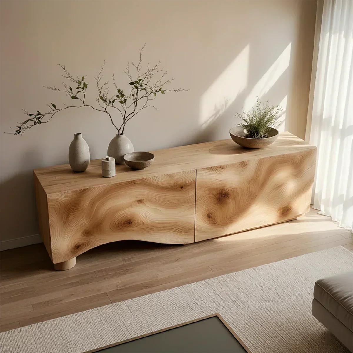 Light Burl Wave Solid Wood TV Console – Minimal Organic Design - Elitegemse