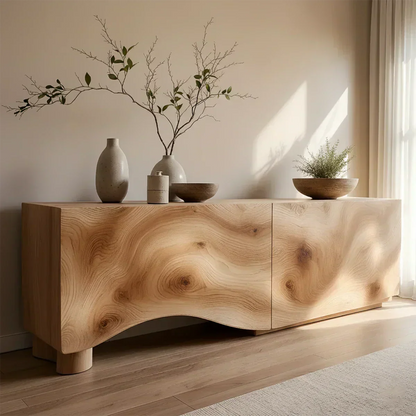 Light Burl Wave Solid Wood TV Console – Minimal Organic Design - Elitegemse
