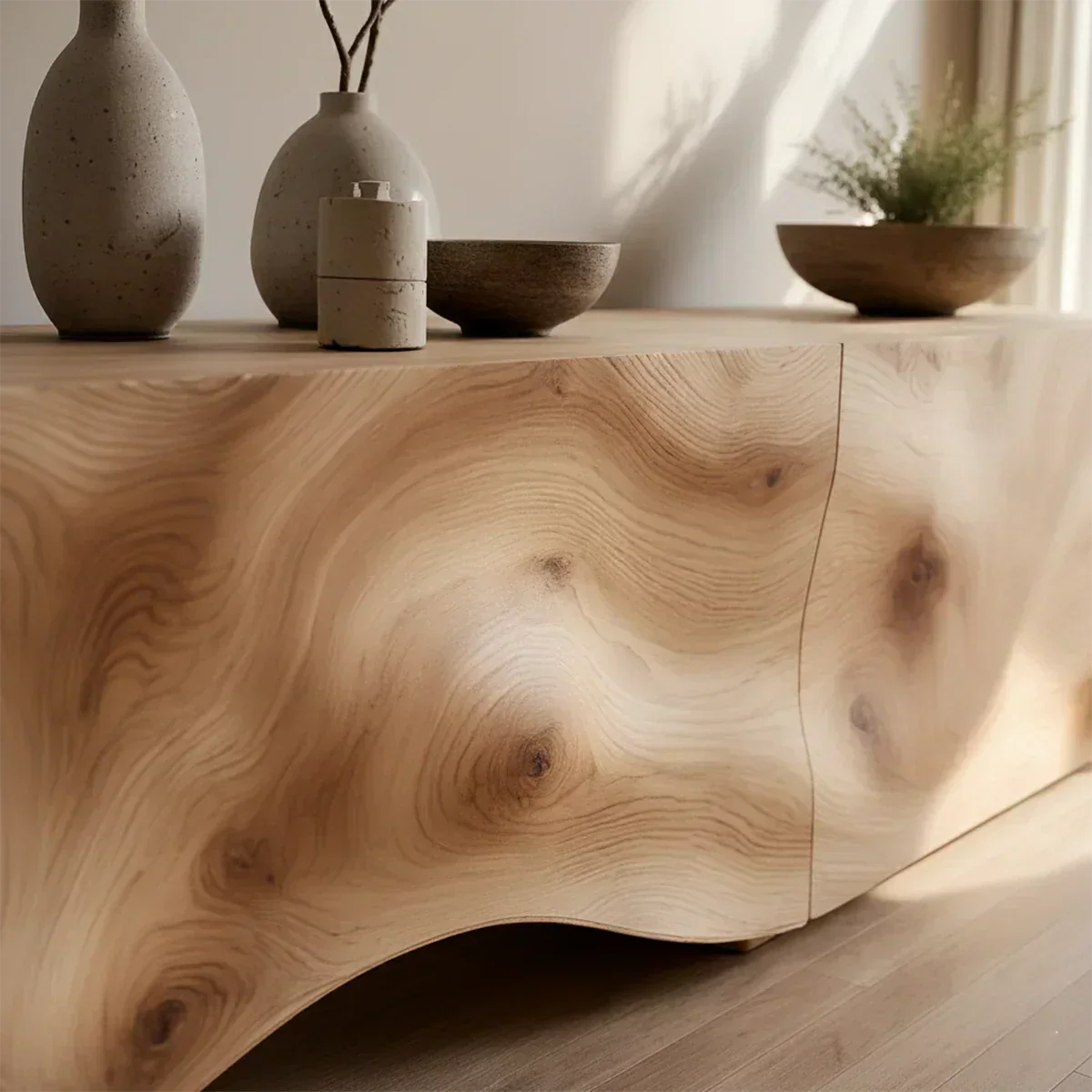 Light Burl Wave Solid Wood TV Console – Minimal Organic Design - Elitegemse