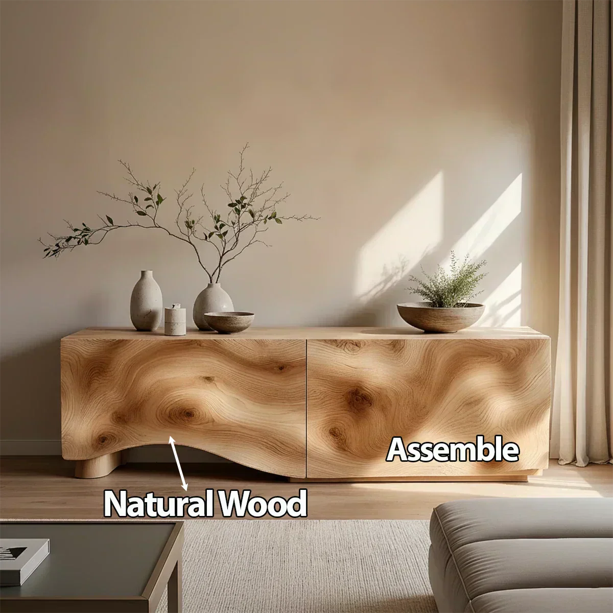Light Burl Wave Solid Wood TV Console – Minimal Organic Design - Elitegemse