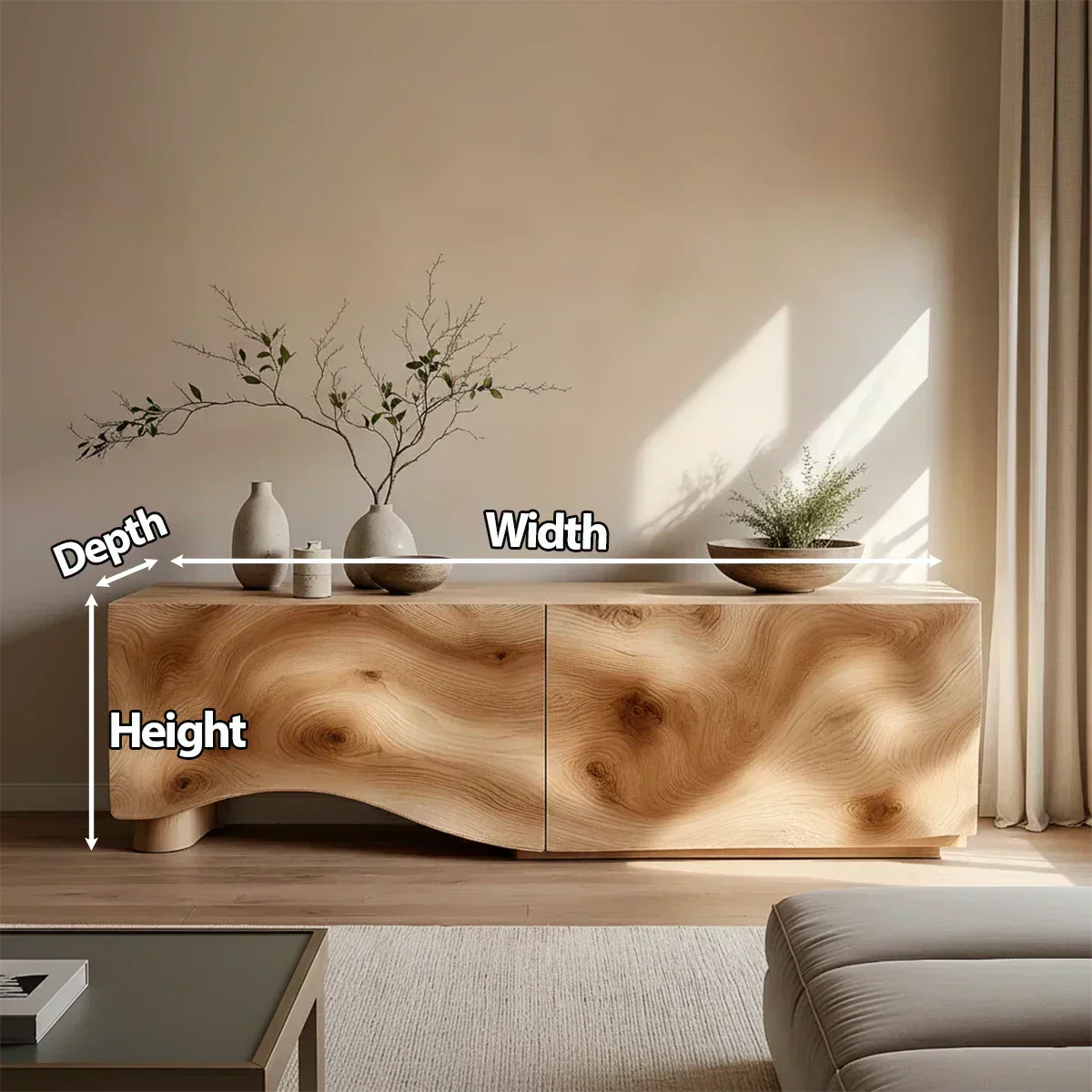 Light Burl Wave Solid Wood TV Console – Minimal Organic Design - Elitegemse