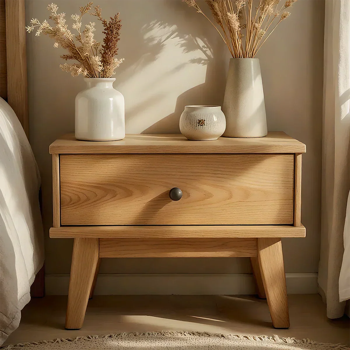 Lightwood Single-Drawer Nightstand – Scandinavian Minimalist Design - Rustirawood