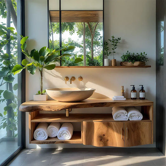 Live Edge Floating Wood Vanity – Asymmetrical Japandi Spa Sink Console - Elitegemse