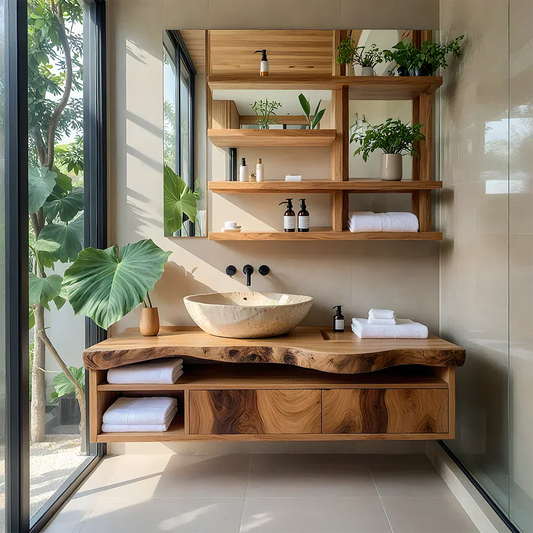 Live Edge Floating Wood Vanity with Shelves – Japandi Spa Sink Console - Elitegemse