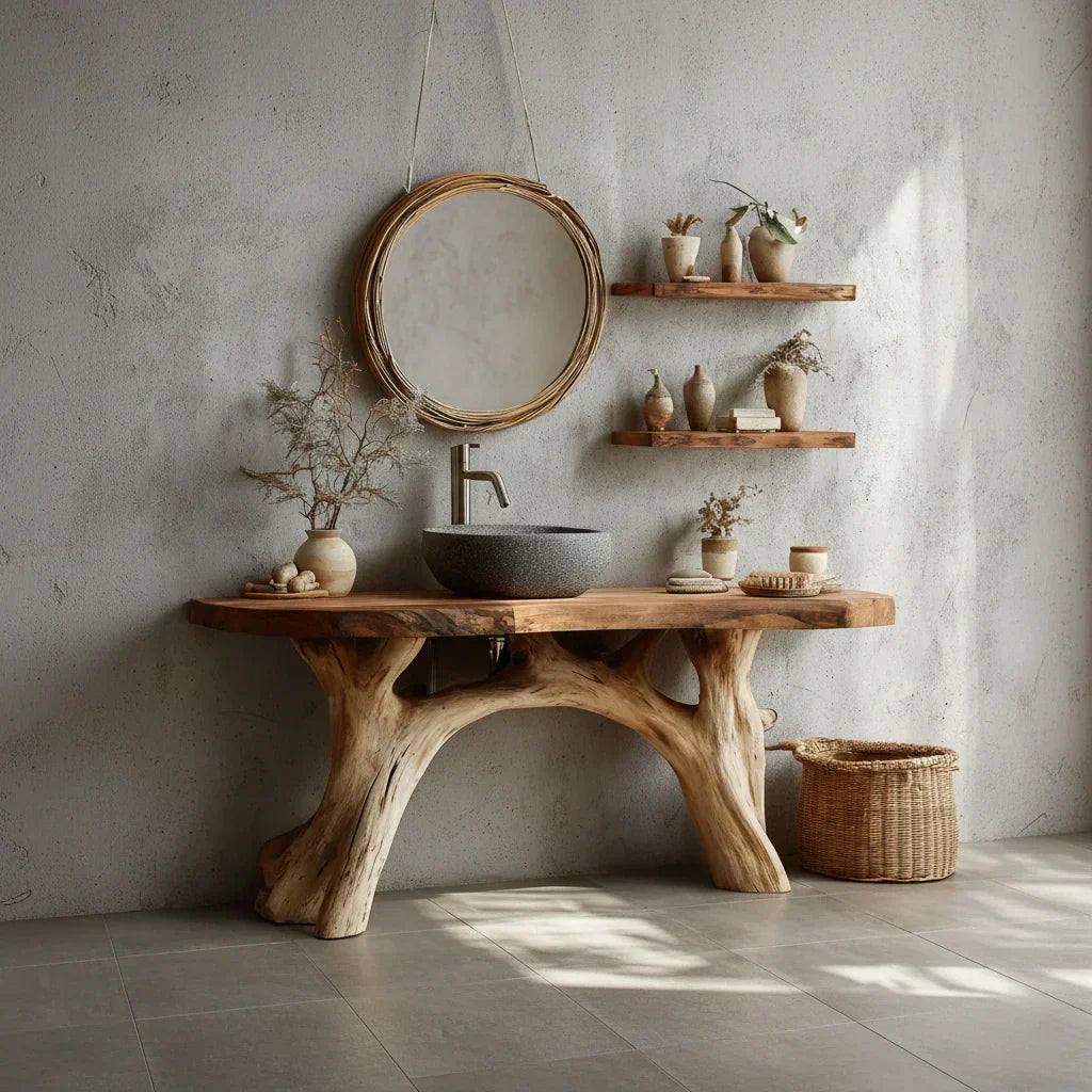 Live-Edge Natural Solid Wood Bathroom Vanity – Handcrafted Base - Woodenecho