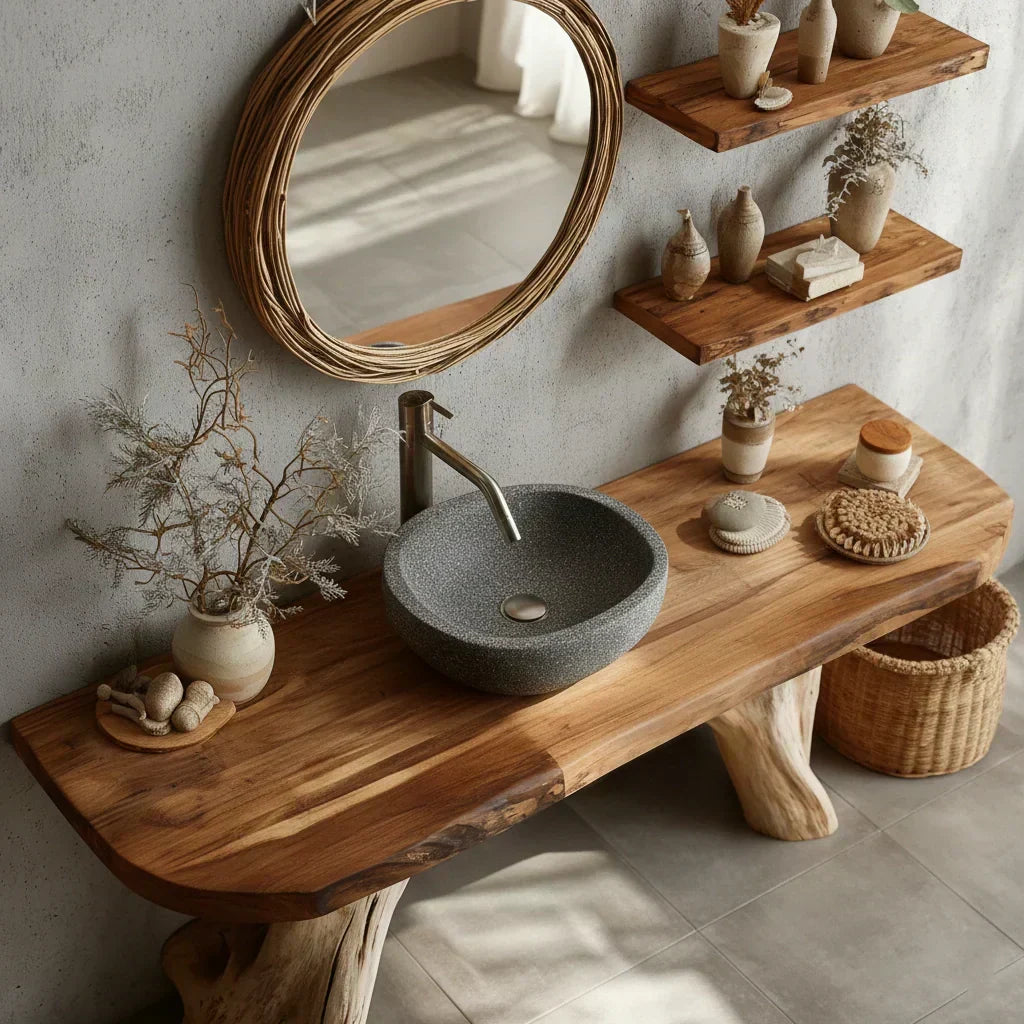 Live-Edge Natural Solid Wood Bathroom Vanity – Handcrafted Base - Woodenecho