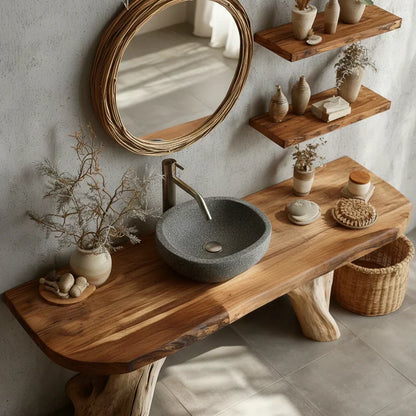 Live-Edge Natural Solid Wood Bathroom Vanity – Handcrafted Base - Woodenecho