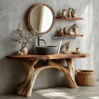 Live-Edge Natural Solid Wood Bathroom Vanity – Handcrafted Base - Woodenecho