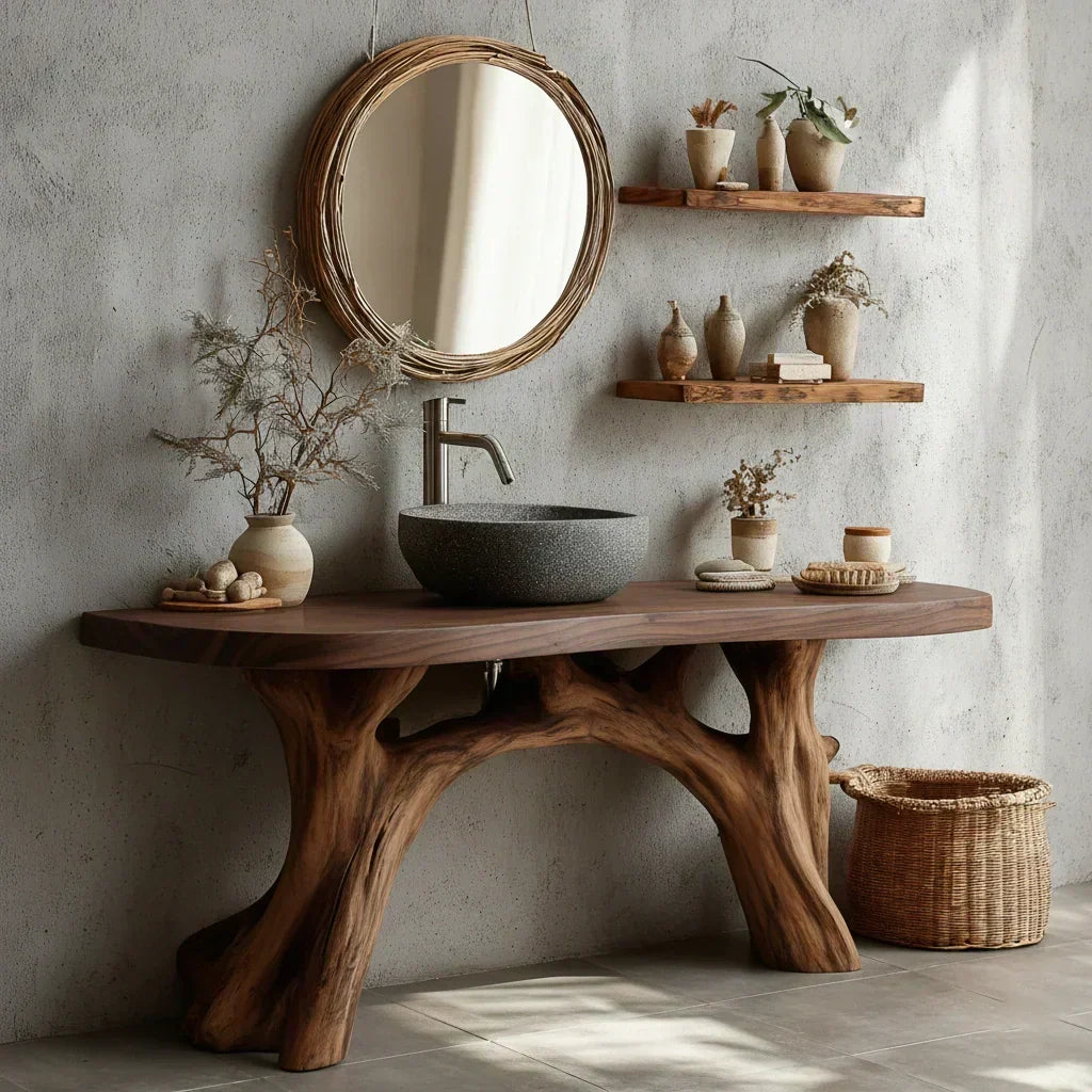 Live-Edge Natural Solid Wood Bathroom Vanity – Handcrafted Base - Woodenecho