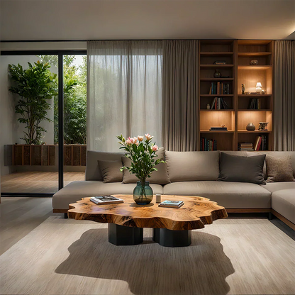 Live-Edge Natural Solid Wood Coffee Table – Sculptural Flower-Form Slab - Rustirawood