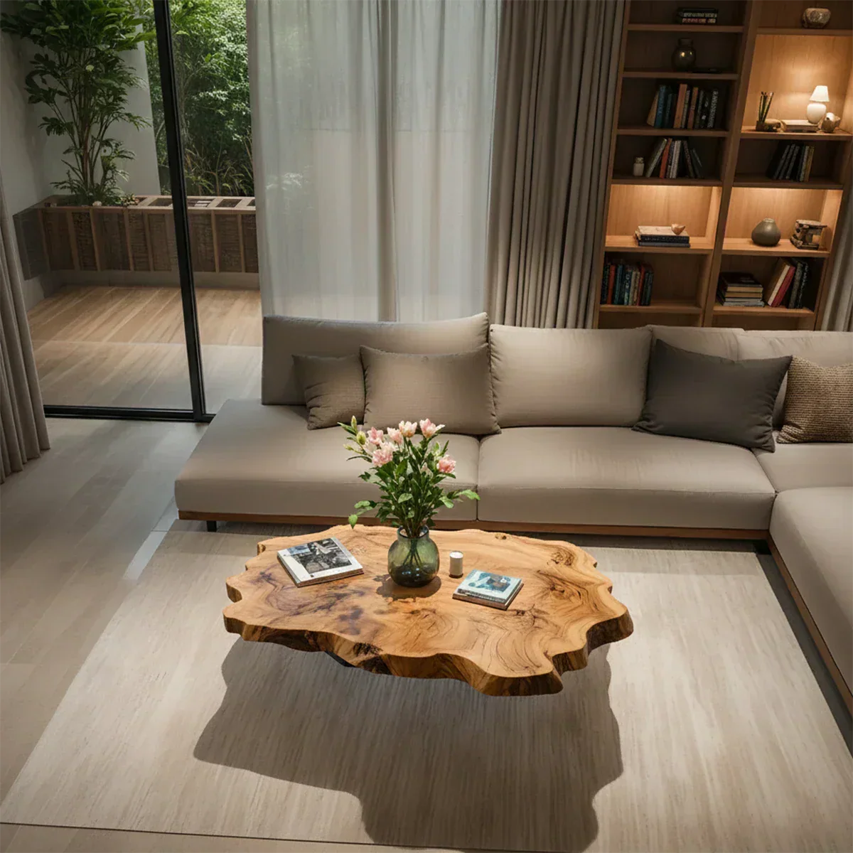 Live-Edge Natural Solid Wood Coffee Table – Sculptural Flower-Form Slab - Rustirawood