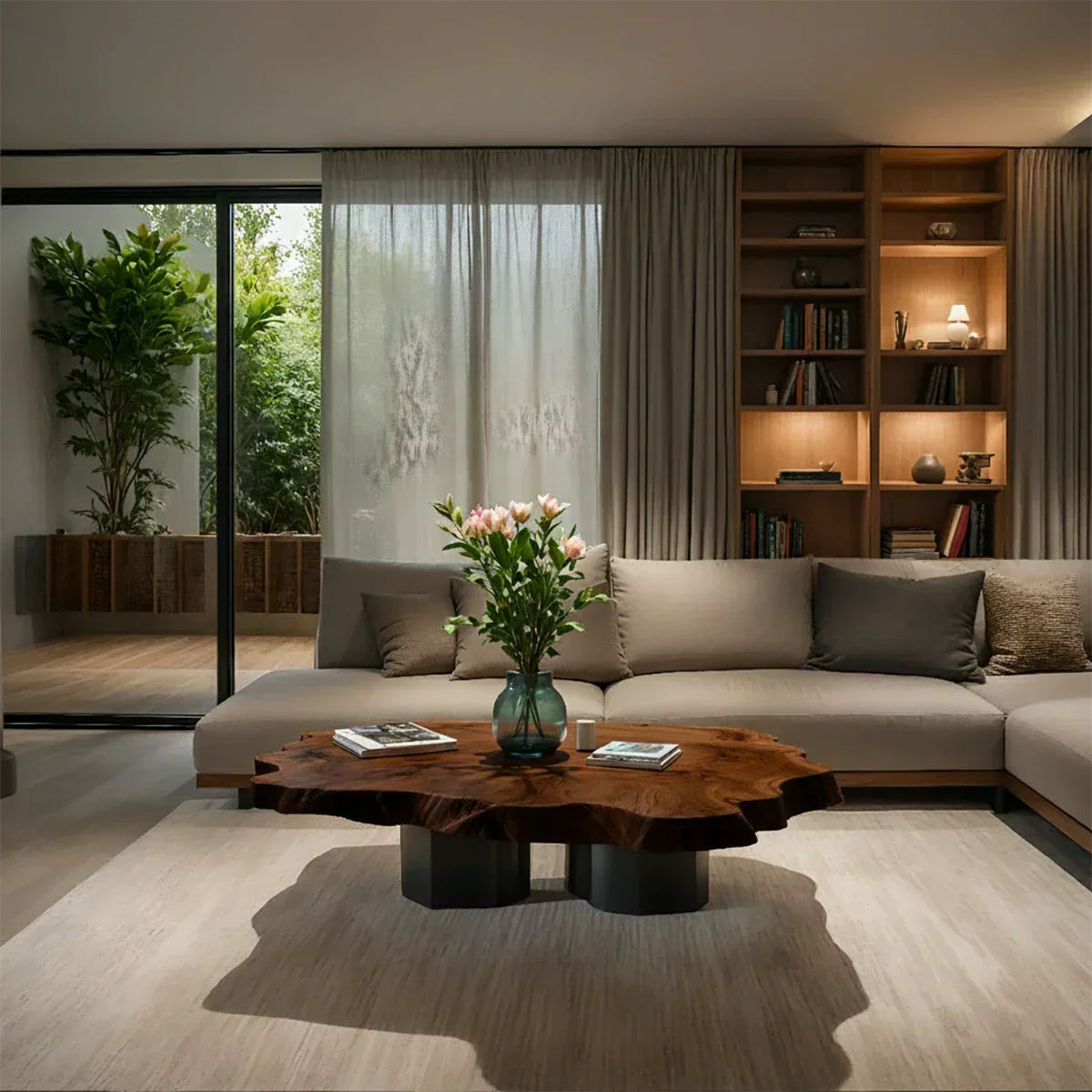 Live-Edge Natural Solid Wood Coffee Table – Sculptural Flower-Form Slab - Rustirawood