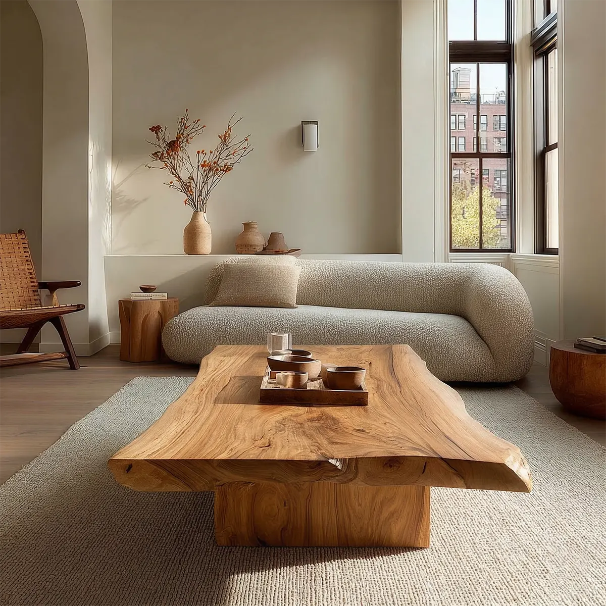 Live Edge Natural Solid Wood Coffee Table with Sculptural Block Base - Rustirawood