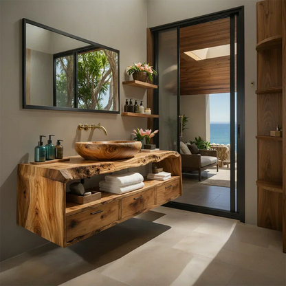 Live Edge Natural Solid Wood Floating Bathroom Vanity - Woodenecho
