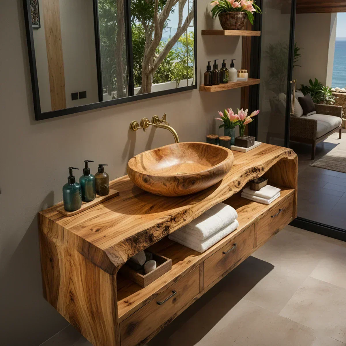Live Edge Natural Solid Wood Floating Bathroom Vanity - Woodenecho