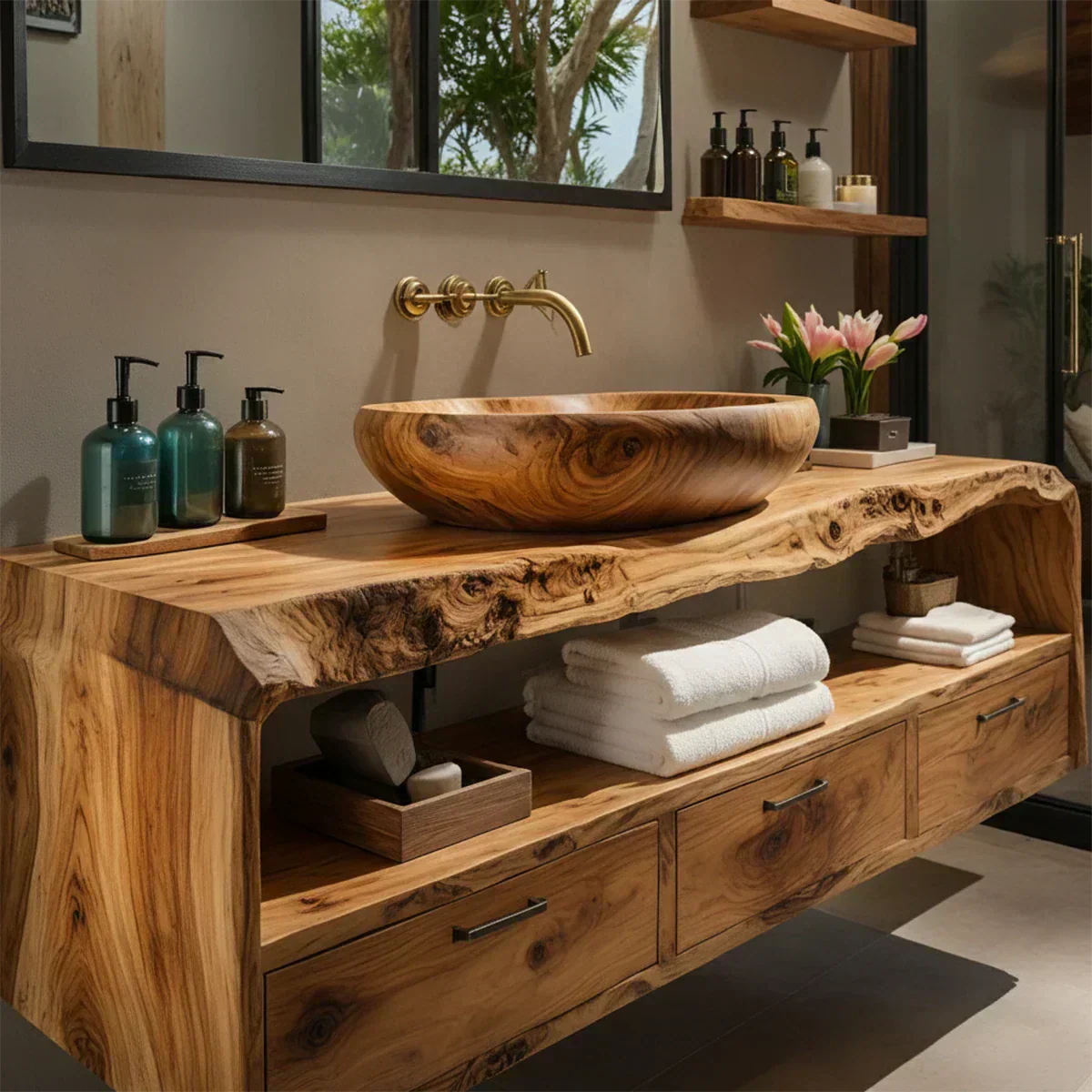 Live Edge Natural Solid Wood Floating Bathroom Vanity - Woodenecho