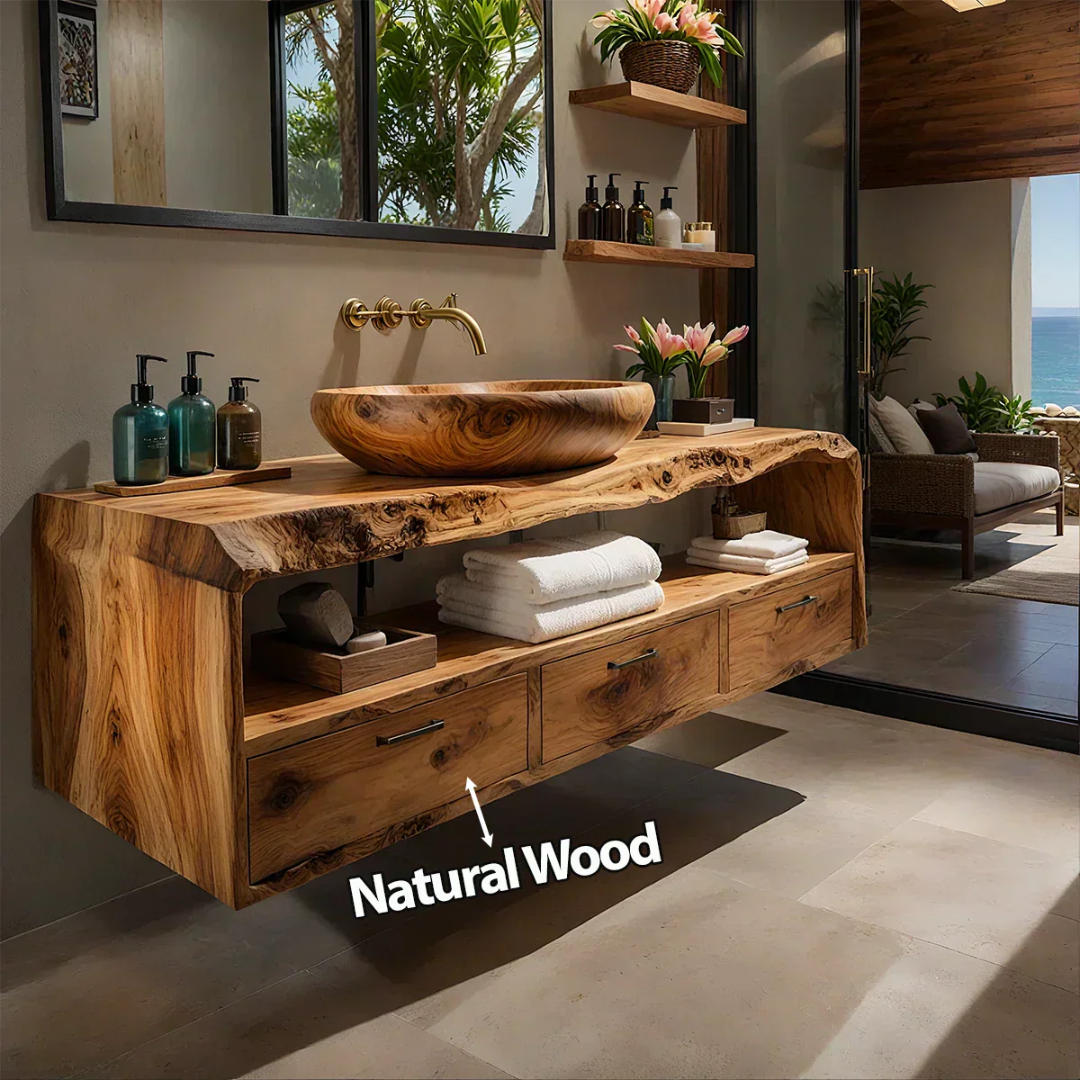 Live Edge Natural Solid Wood Floating Bathroom Vanity - Woodenecho