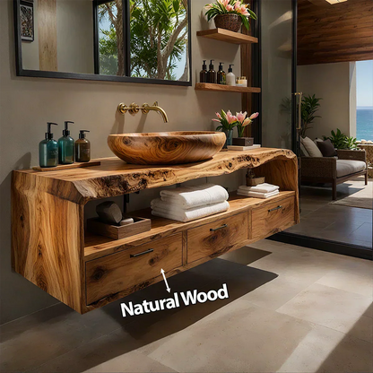 Live Edge Natural Solid Wood Floating Bathroom Vanity - Woodenecho
