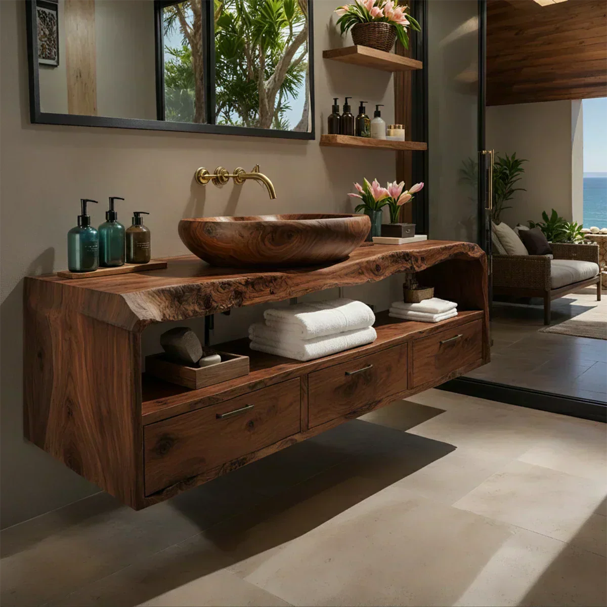 Live Edge Natural Solid Wood Floating Bathroom Vanity - Woodenecho