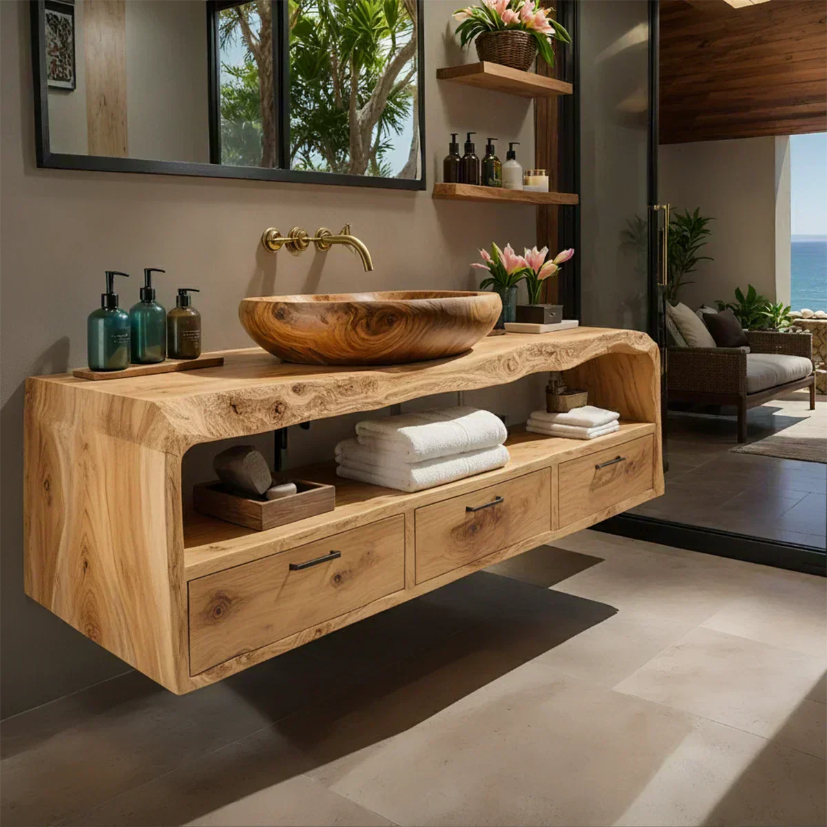 Live Edge Natural Solid Wood Floating Bathroom Vanity - Woodenecho