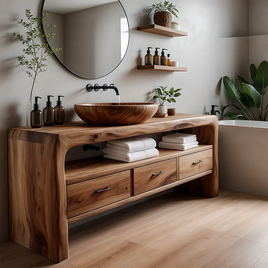 Live Edge Organic Solid Wood Bathroom Vanity With Drawers & Open Shelf - Elitegemse