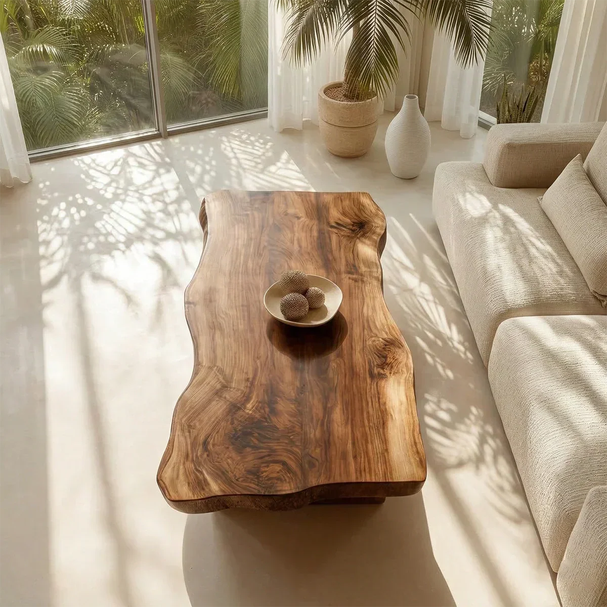 Live Edge Slab Coffee Table with Double Block Base in Natural Solid Wood - Rustirawood