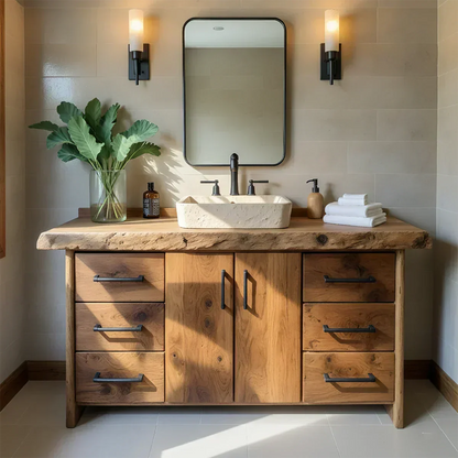 Live Edge Solid Wood Bathroom Vanity – Rustic Wabi-Sabi Cabinet - Elitegemse