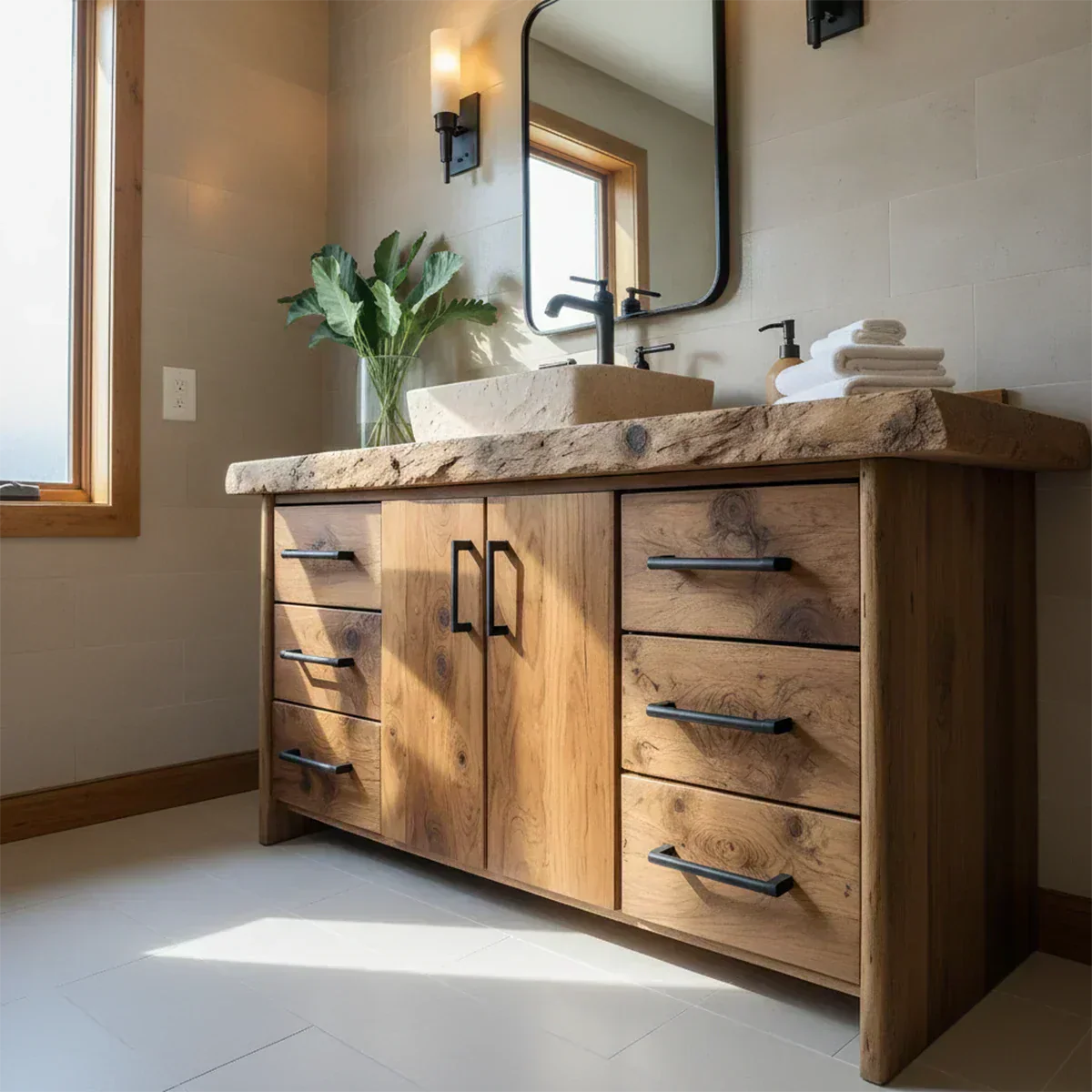 Live Edge Solid Wood Bathroom Vanity – Rustic Wabi-Sabi Cabinet - Elitegemse