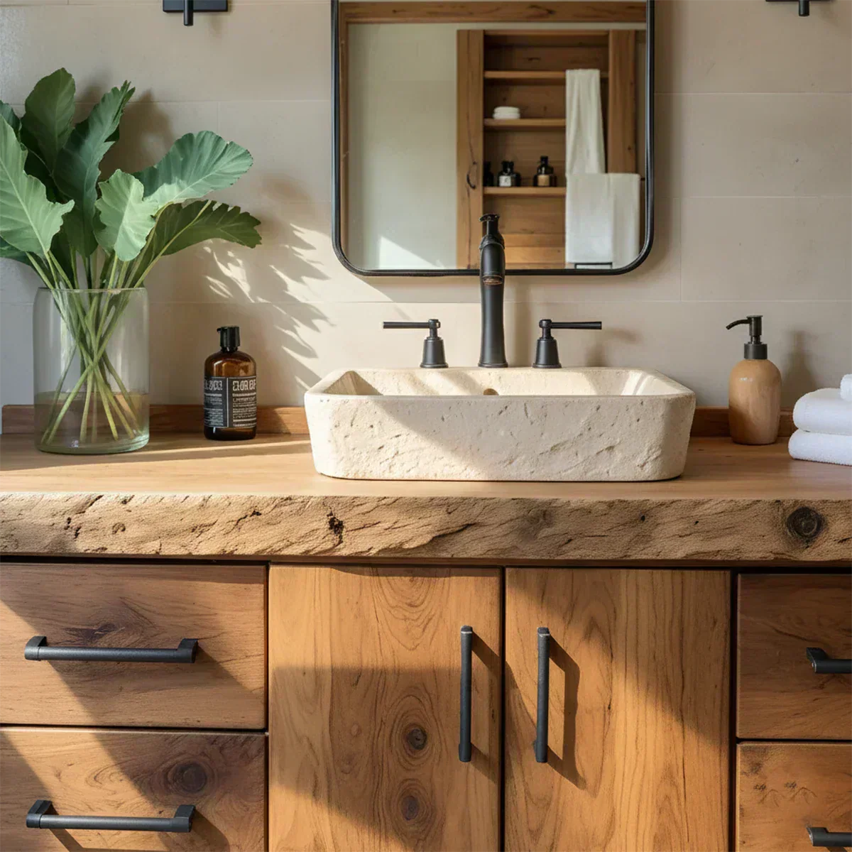 Live Edge Solid Wood Bathroom Vanity – Rustic Wabi-Sabi Cabinet - Elitegemse