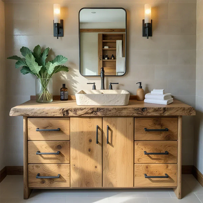 Live Edge Solid Wood Bathroom Vanity – Rustic Wabi-Sabi Cabinet - Elitegemse