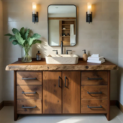 Live Edge Solid Wood Bathroom Vanity – Rustic Wabi-Sabi Cabinet - Elitegemse