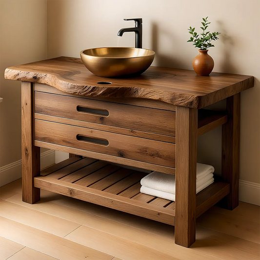 Live Edge Solid Wood Bathroom Vanity With Drawers & Open Shelf - Elitegemse
