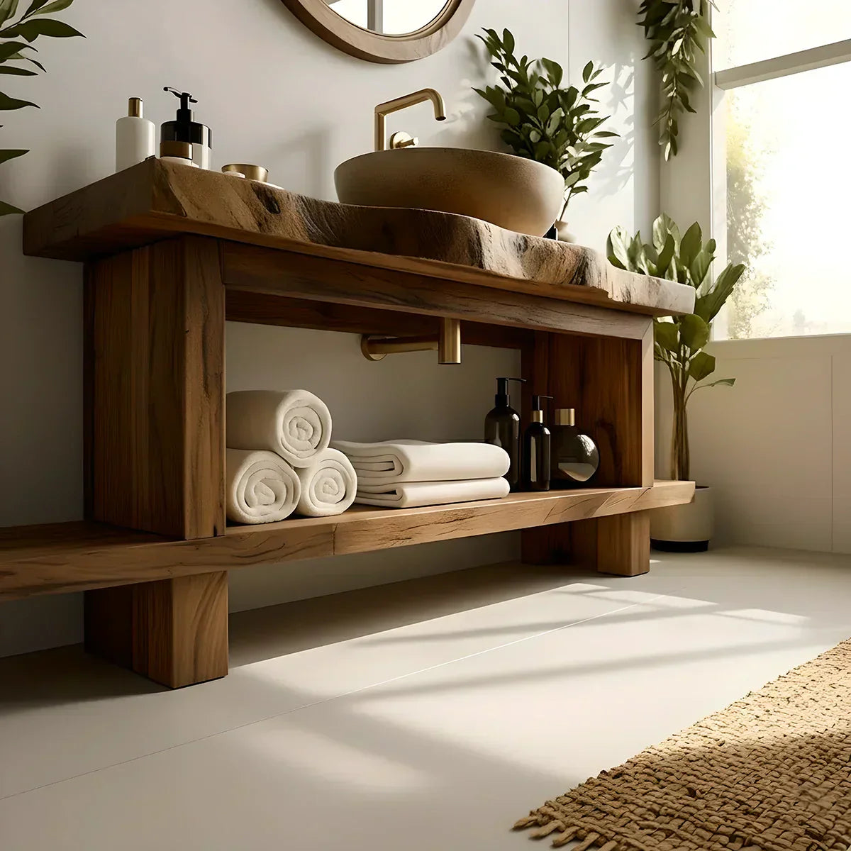 Live Edge Solid Wood Bathroom Vanity with Open Shelf – Handmade - Elitegemse