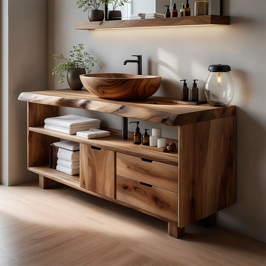 Live Edge Solid Wood Bathroom Vanity with Open Shelves & Drawers - Elitegemse