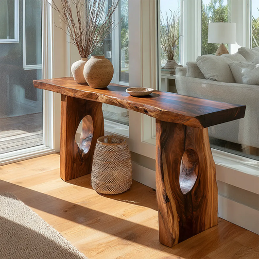 Live Edge Solid Wood Console Table with Sculptural Organic Base - Woodenecho