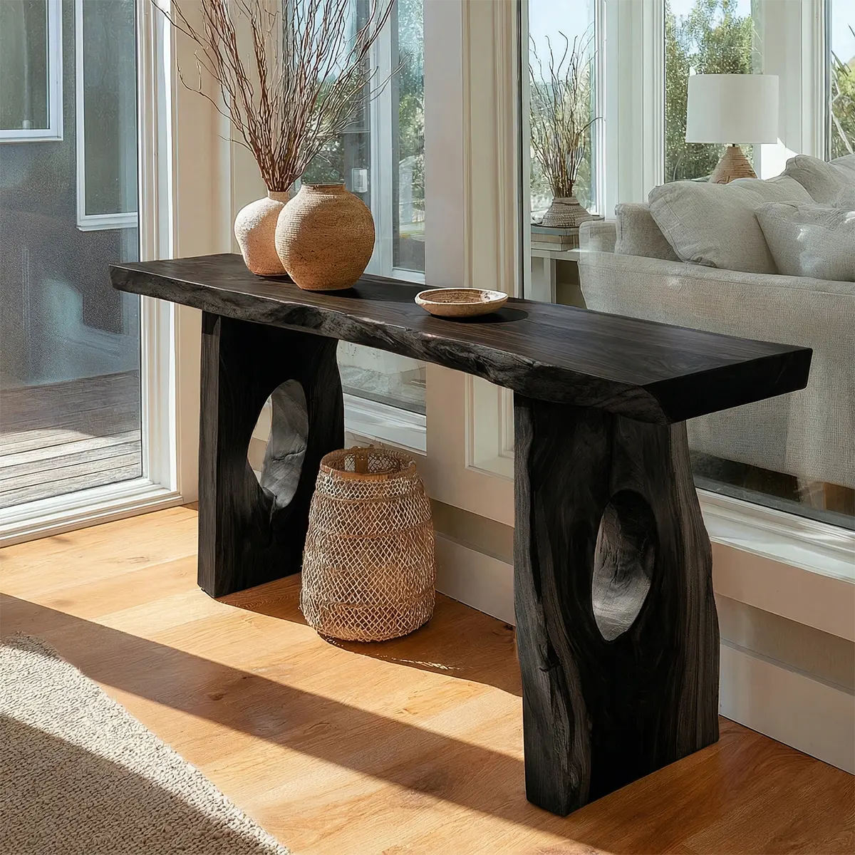 Live Edge Solid Wood Console Table with Sculptural Organic Base - Woodenecho