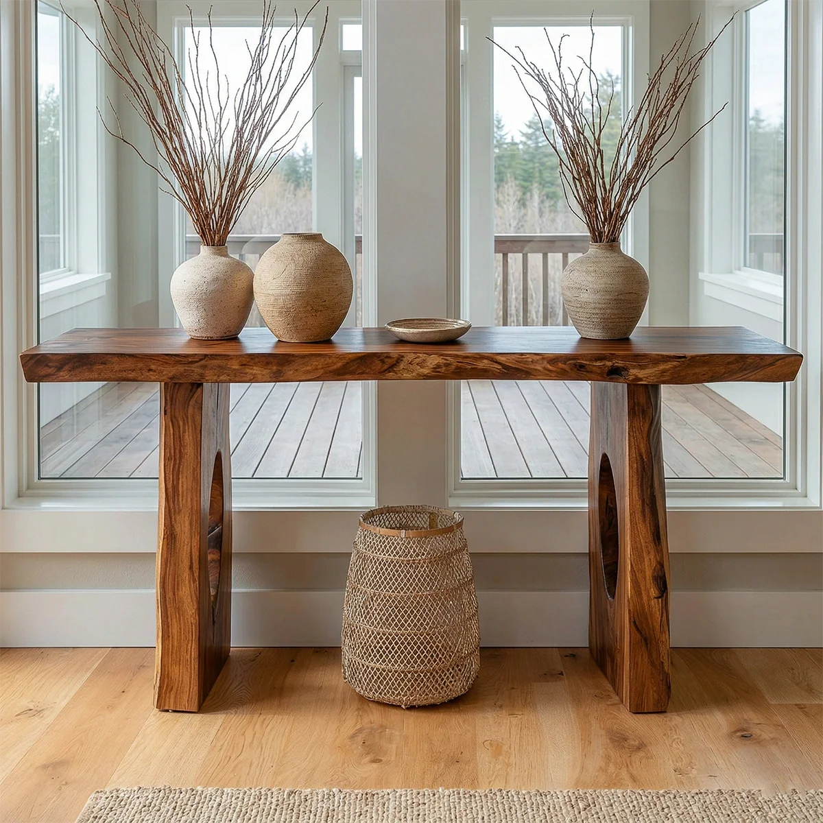 Live Edge Solid Wood Console Table with Sculptural Organic Base - Woodenecho