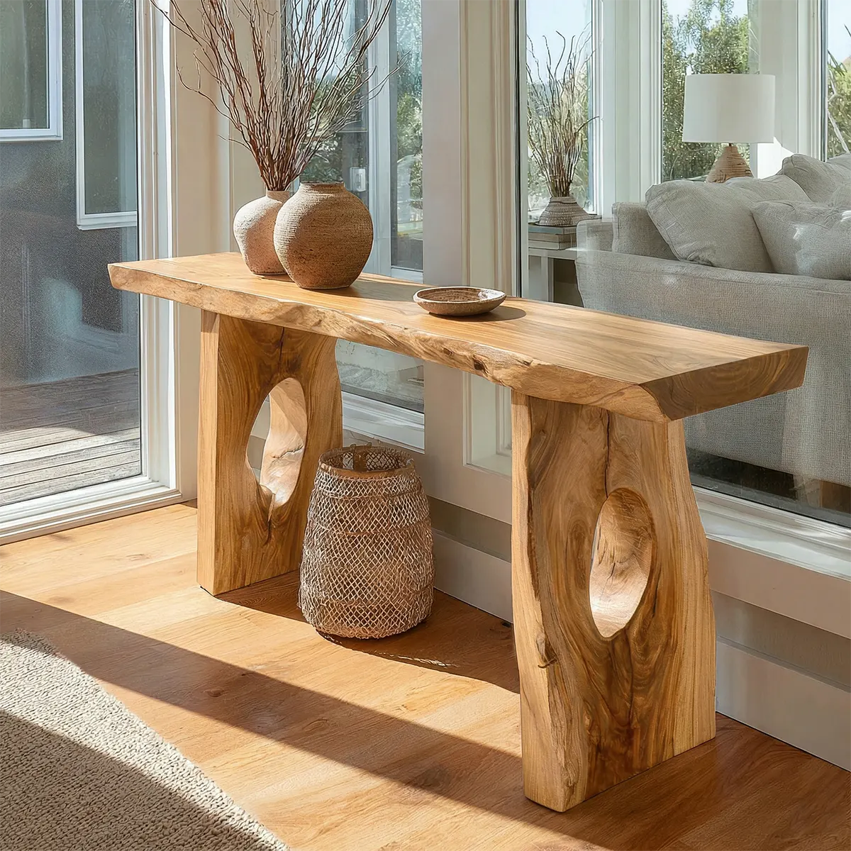 Live Edge Solid Wood Console Table with Sculptural Organic Base - Woodenecho