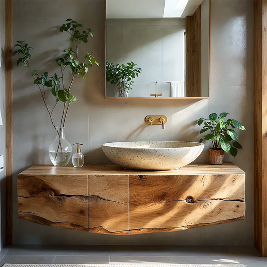 Live Edge Solid Wood Floating Vanity with Stone Basin - Elitegemse