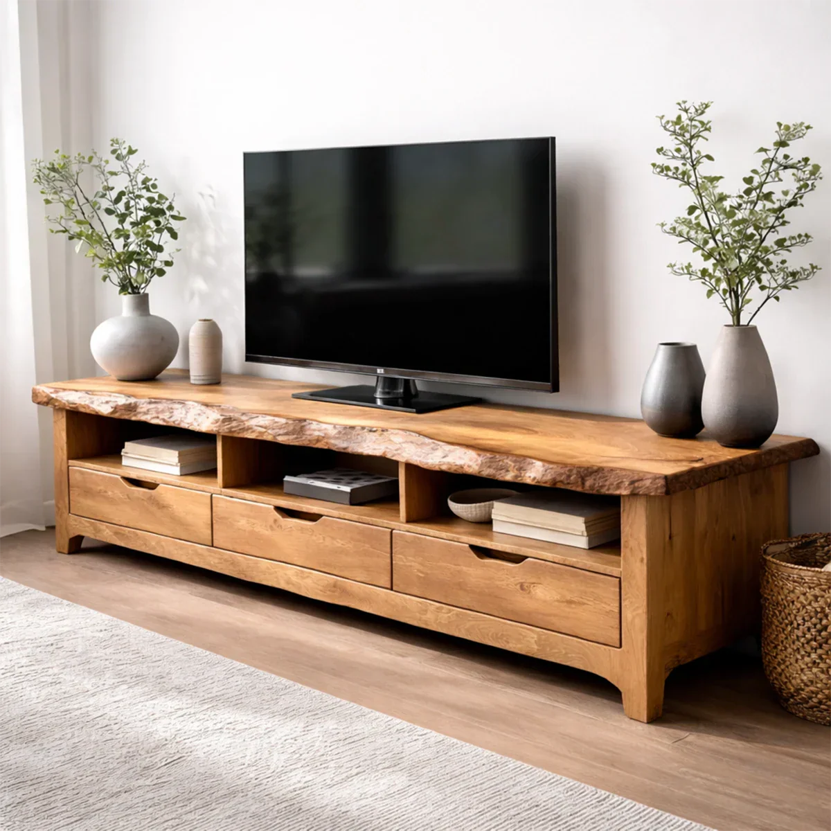 Live Edge Solid Wood TV Stand with Drawers and Open Storage - Elitegemse