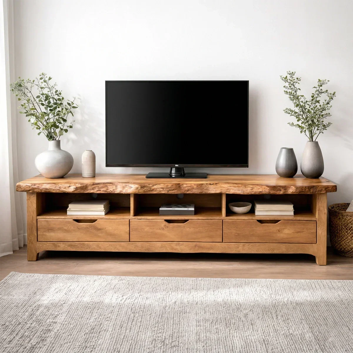 Live Edge Solid Wood TV Stand with Drawers and Open Storage - Elitegemse