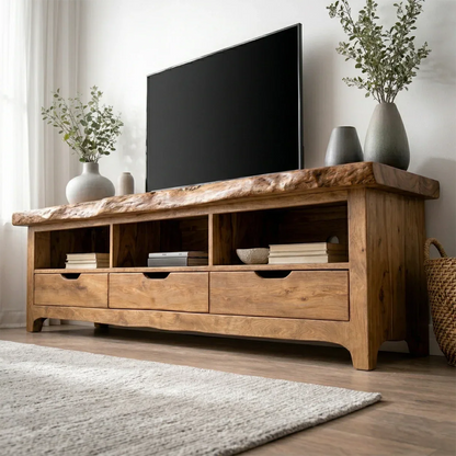 Live Edge Solid Wood TV Stand with Drawers and Open Storage - Elitegemse